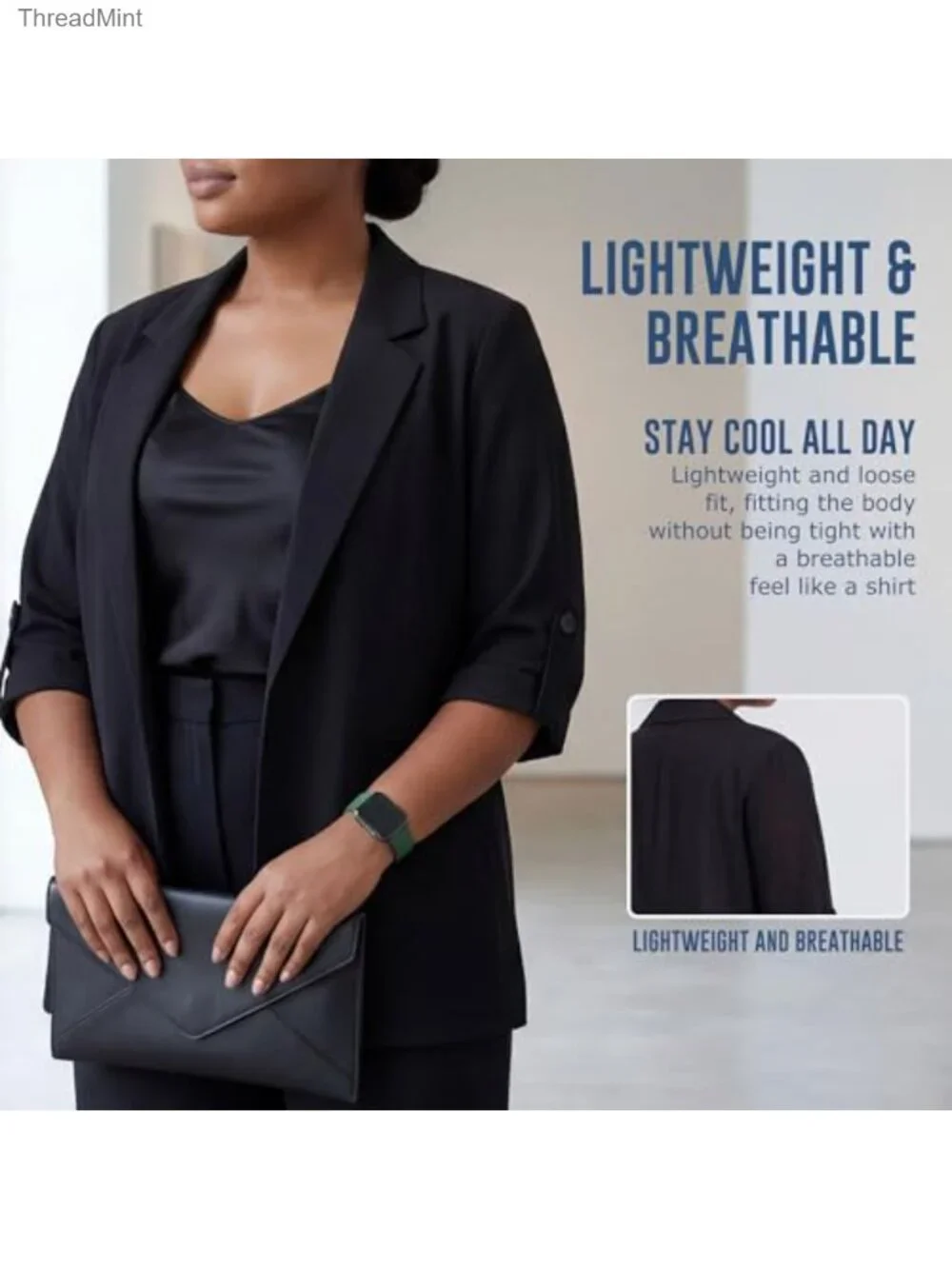 Plus Size Relaxed Fit Blazer with Ruched 3/4 Sleeves